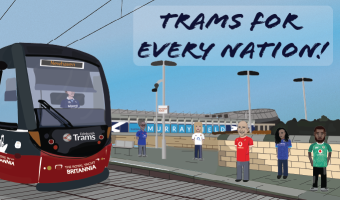 Artwork showing characters waiting on the platform at Murrayfield.